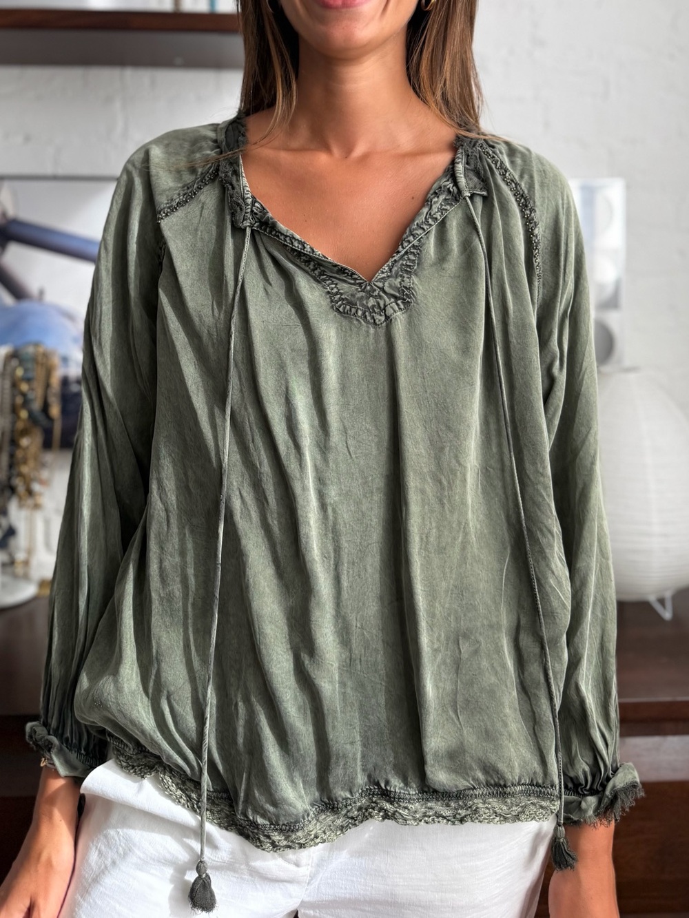 Women's Olive Green Silk V-Neck Boho Blouse - Relaxed Long Sleeve Top